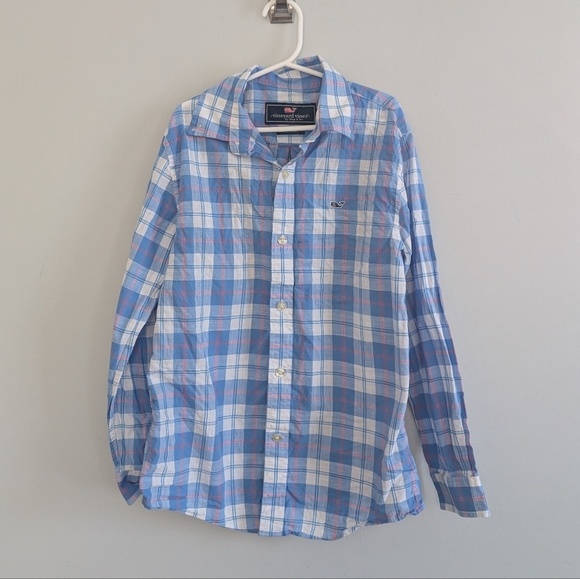 Vineyard Vines Other - Boys Vineyard Vines Whale Shirt 100% Cotton Plaid Blue White Pink 8-10 Small
